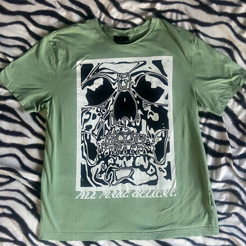 H&M (Size M) "All Make Believe" Mint Green Skull T-Shirt